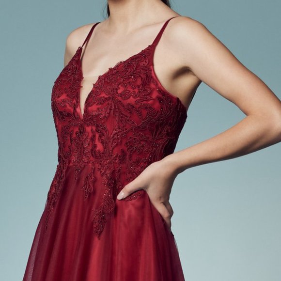 NEW BURGUNDY OFF THE SHOULDER LONG A-LINE DRESS WITH FLUFFY SKIRT AND ZIP NXR357 - Picture 4 of 7